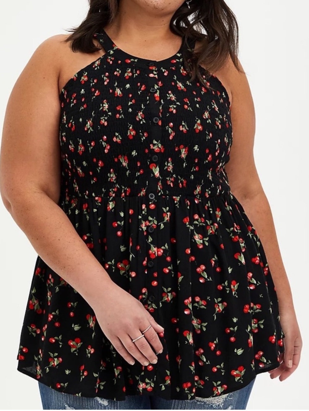 Torrid Babydoll Rayon Crepe Smocked Cherry Print Black Sleeveless Top Size 2X